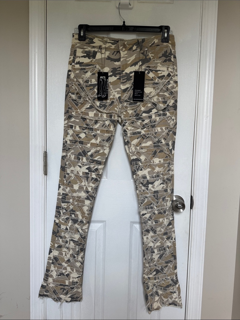 Beige & Olive Camo Distressed Stacked Skinny Jeans